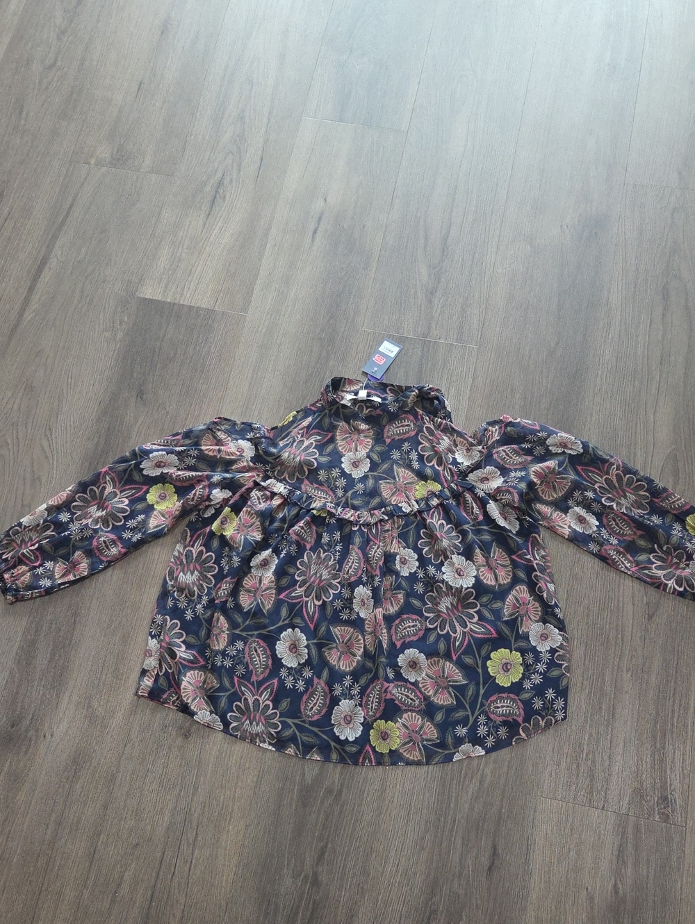 libby. edelman Navy Floral Long-Sleeve Ruffle Yoke Top